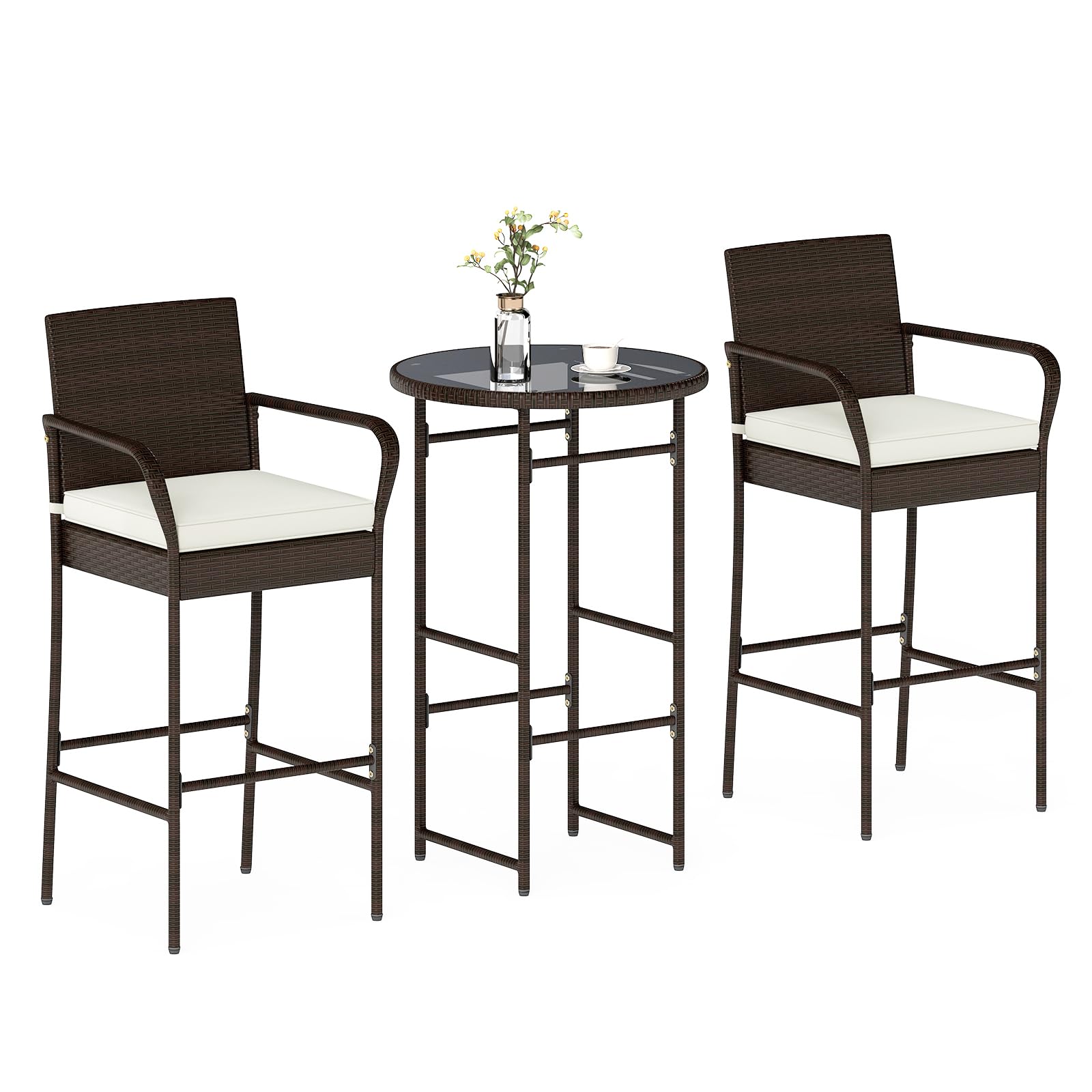 Tangkula Patio Rattan Heavy Duty Bar Height Glass Top Table & 2 Cushioned Barstools
